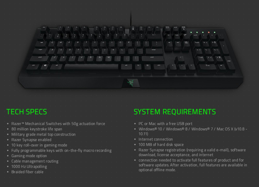 Razer BlackWidow X Standard Wired Gaming Mechanical Keyboard 104 Keys US Layout Razer Green Switch - Black