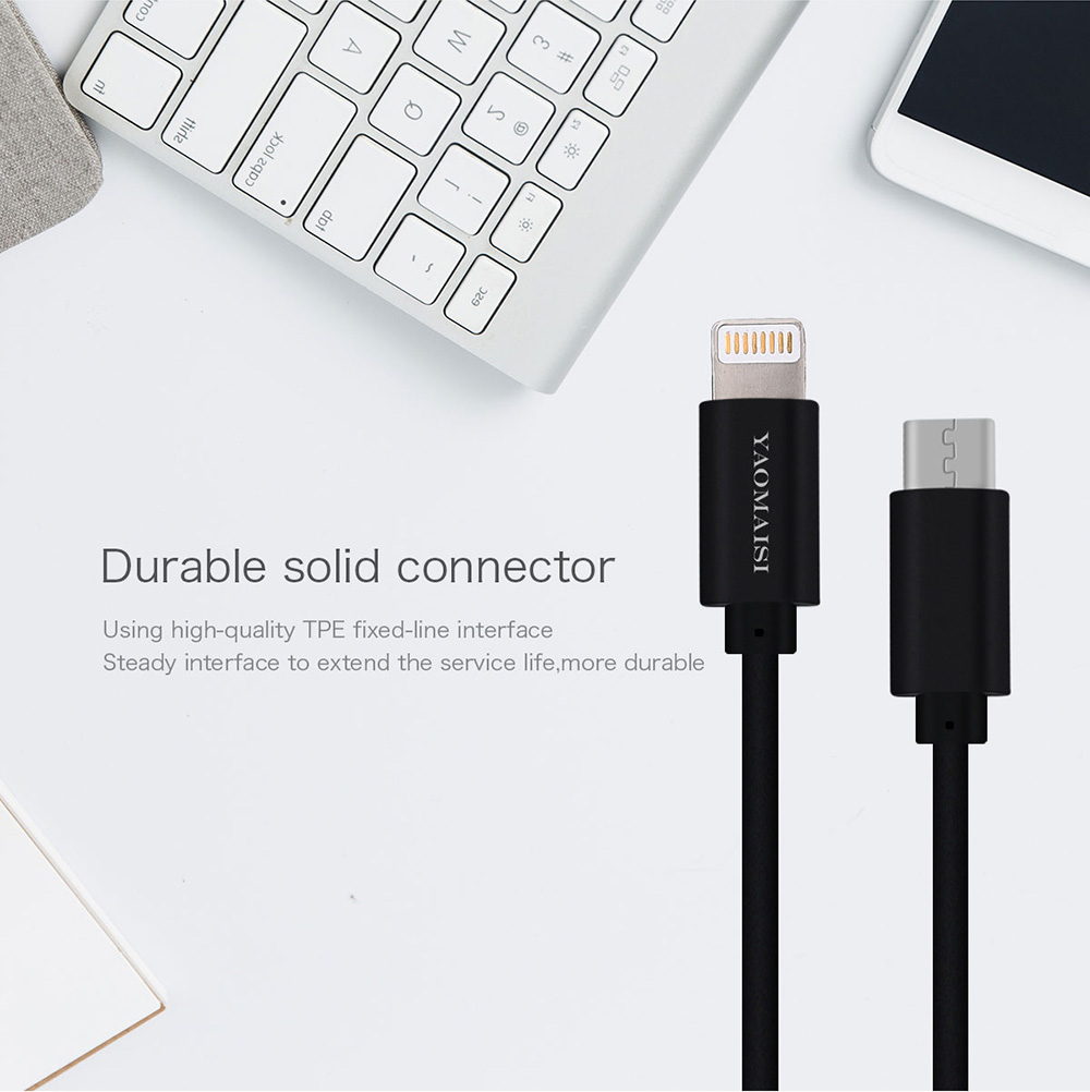 Yaomaisi USB Type-C to 8 pin 1m Data Charging Cable for iPhone X / iPhone 8 Plus / iPhone 8 / iPhone 7 Plus / iPhone 7/ iPad Air / iPad 4 - Black