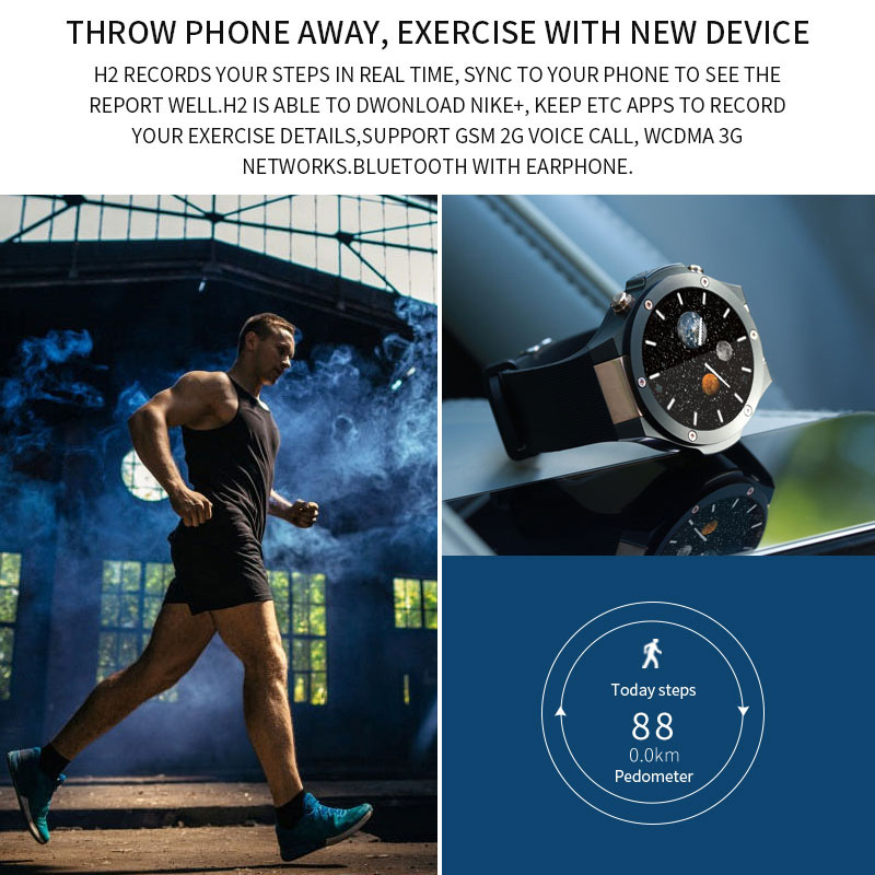 H2 Smart Watch MTK6580 IP68 Waterproof 1.40 inch 400*400 GPS Wifi 3G Heart Rate Monitor 16GB+1G for Android IOS - Black