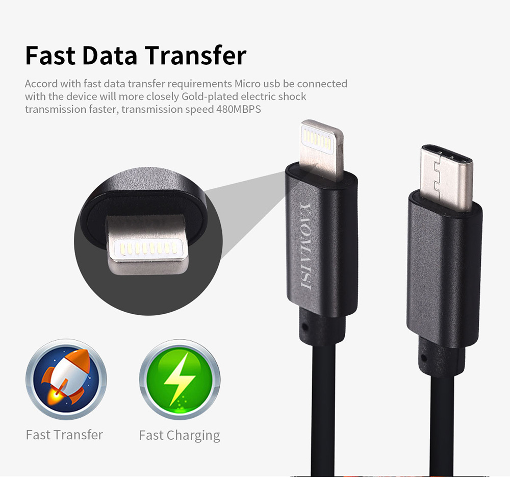 Yaomaisi USB Type-C to 8 pin 1m Data Charging Cable for iPhone X / iPhone 8 Plus / iPhone 8 / iPhone 7 Plus / iPhone 7/ iPad Air / iPad 4 - Black