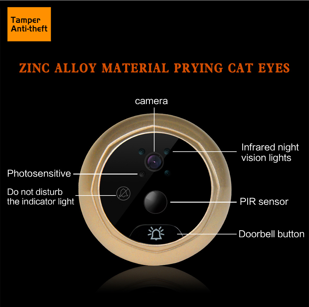 Danmini Q5 Security Door Bell 2.4inch Color Screen No Disturb Peephole Viewer PIR Motion Detection Video Recorder -Gold