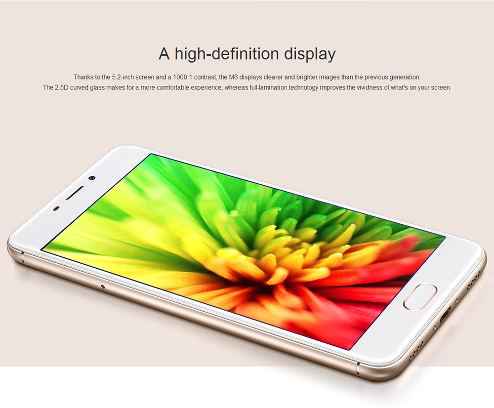 MEIZU M6 5.2 Inch 4G LTE Smartphone 8.0MP+13.0MP Cam 3GB 32GB MT6750 Octa Core Android 7.0 Touch ID IR Remote Control VoLTE - Gold
