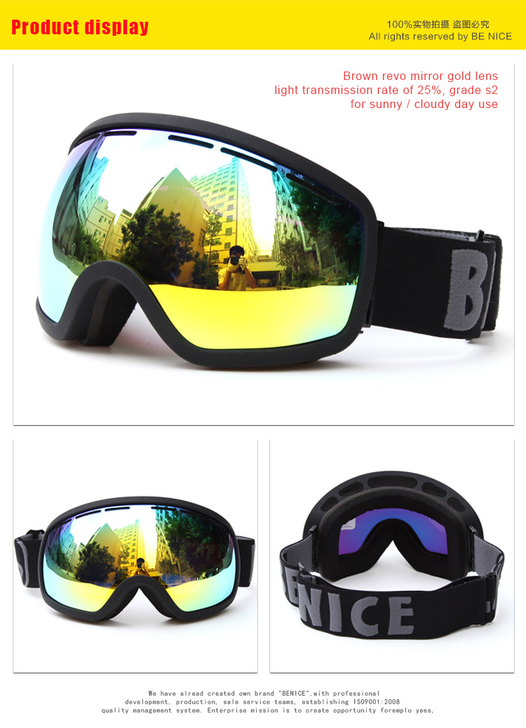 Be Nice SNOW-2704 Ski Goggles Anti-fog UV Protection Large Clear Vision Adjustable Band - Red REVO