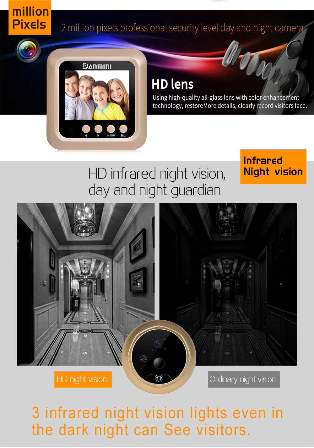 Danmini Q5 Security Door Bell 2.4inch Color Screen No Disturb Peephole Viewer PIR Motion Detection Video Recorder -Gold