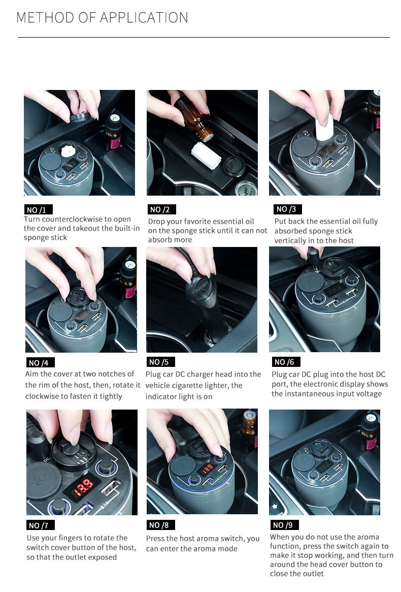 Nanum KXQ01 Car Charger Aroma Diffuser Cup Holder Car Cigarette Lighter Socket Car Air Purifier Dual USB Ports - Gray