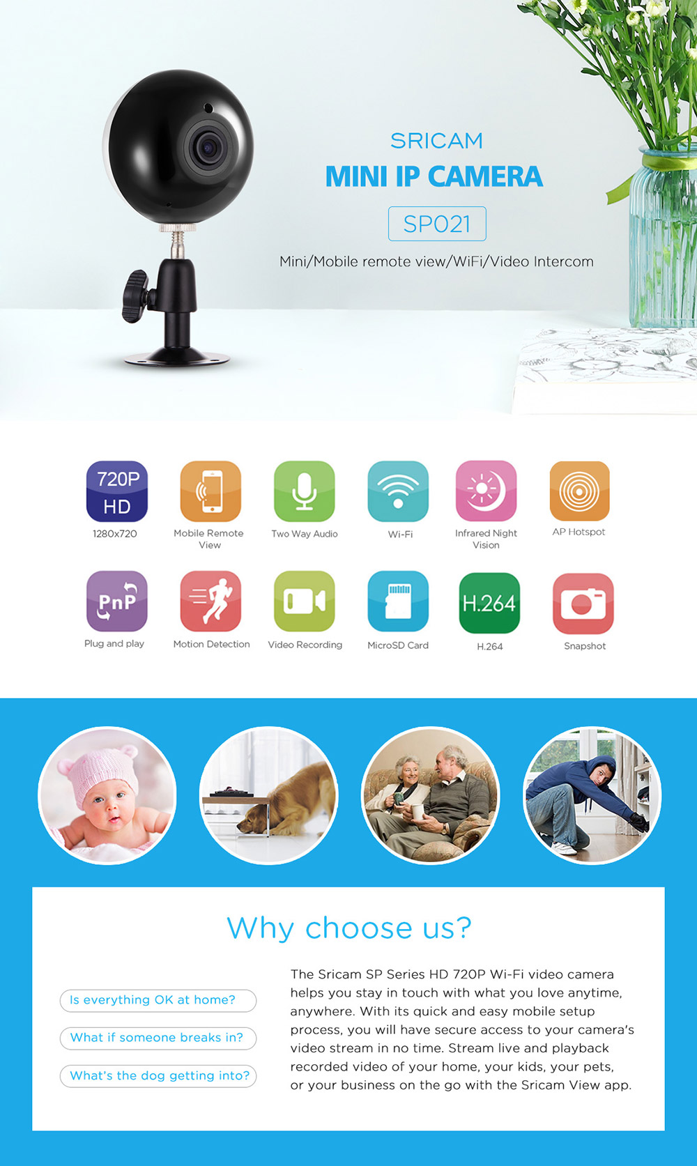 Sricam SP021 720P WiFi IP Camera H.264 ONVIF Pan/Tilt Control Night Vision P2P Motion Detection Security Camera -Black
