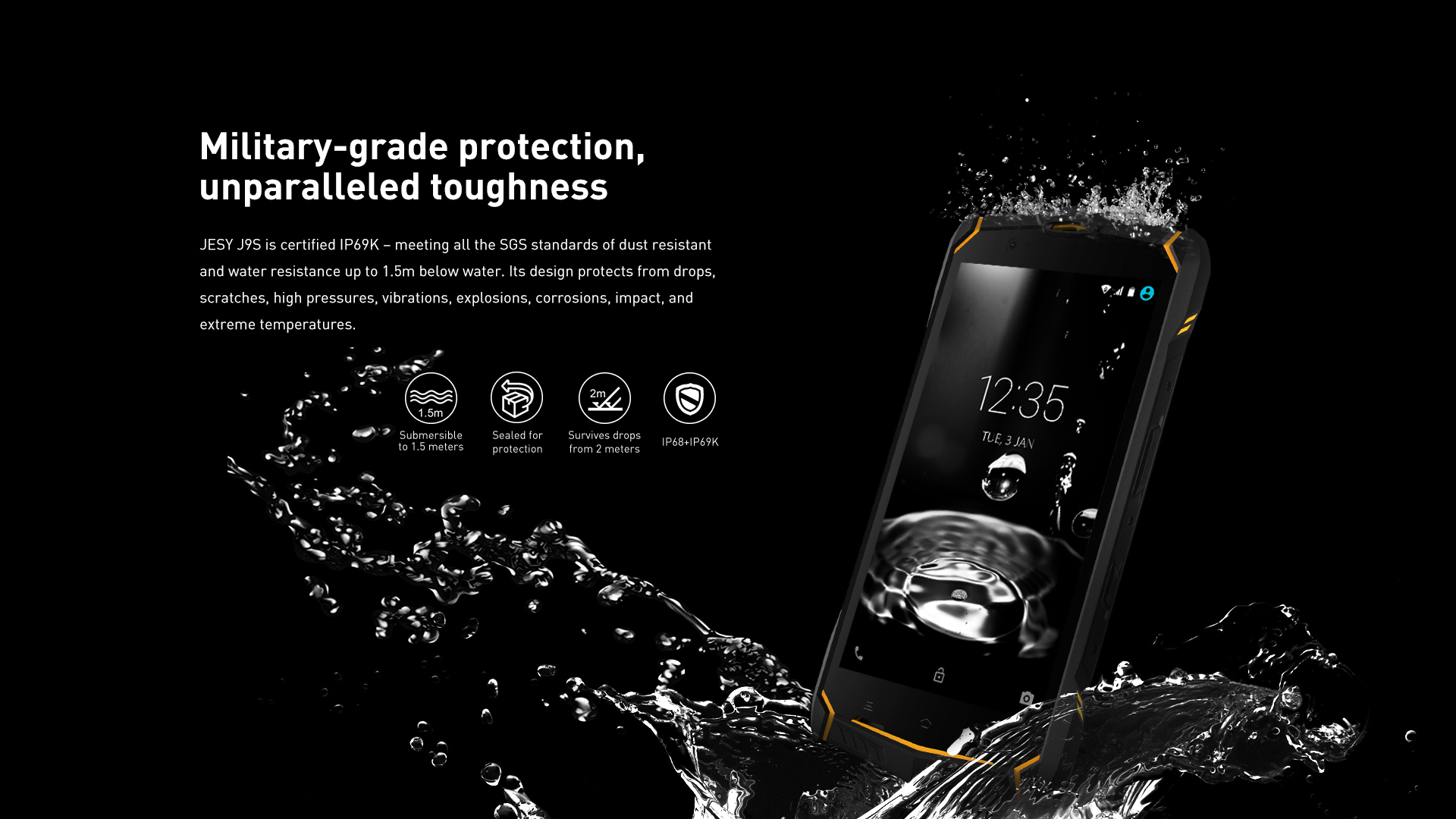 JESY J9S 5.5 Inch Smartphone IP68 + IP69K Waterproof 4GB 64GB 16.0MP Cam Android 7.0 6150mAh NFC Wireless Charging Shockproof Dustproof - Yellow