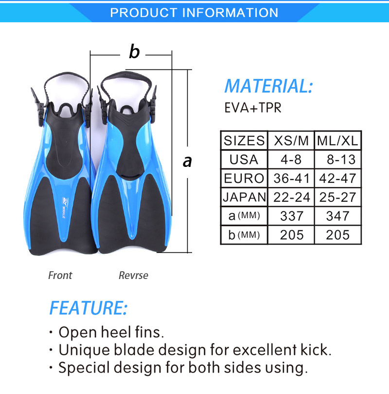 Whale Paired Men / Women Open Heel Diving Fins Flippers Equipment Size 8-13 - Red