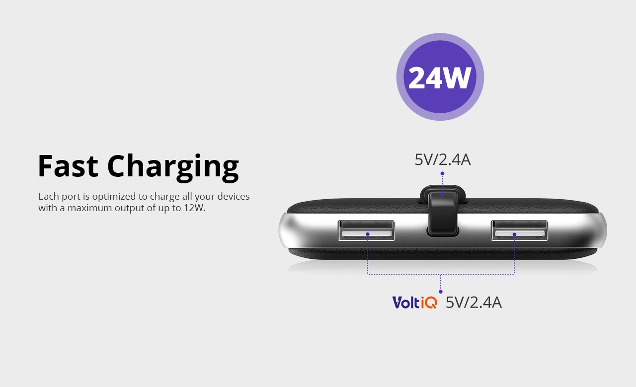 Tronsmart Prime PB10L 24W 10000mAh Portable Charger with Built-in Lightning Cable and VoltiQ for iPhone Samsung & More - Black