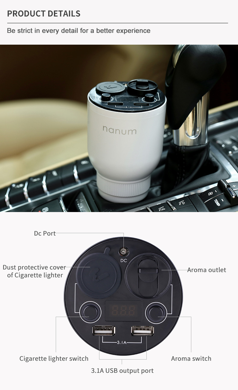 Nanum KXQ01 Car Charger Aroma Diffuser Cup Holder Car Cigarette Lighter Socket Car Air Purifier Dual USB Ports - Black