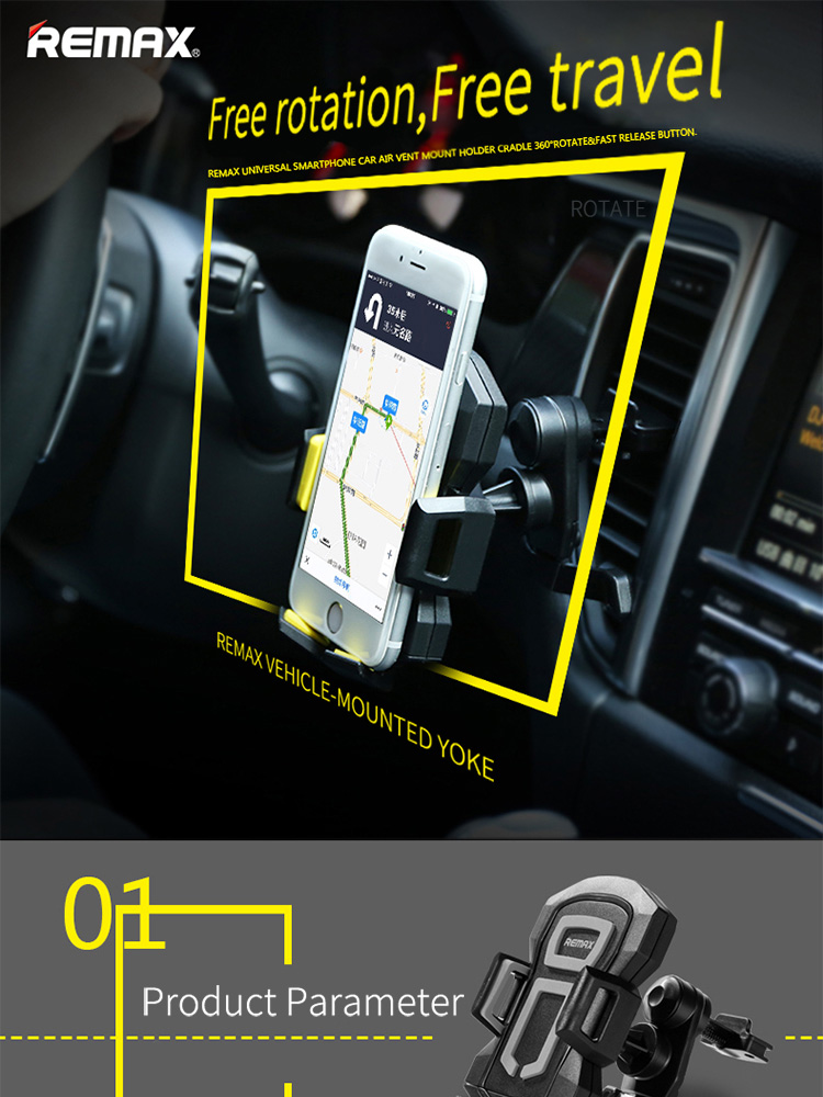 Remax RM-14 Universal Car Mobile Phone Holder 360 Degree Rotation Air Vent Car Mount - Black + Yellow