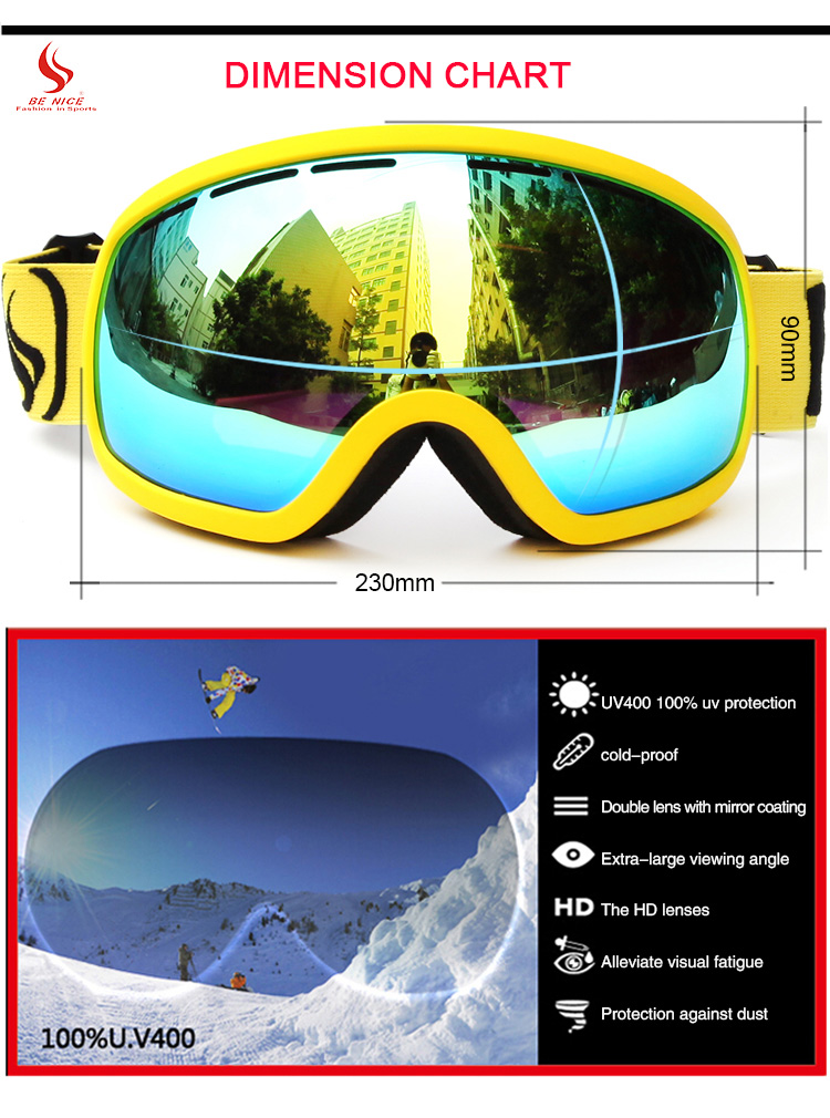 Be Nice SNOW-2704 Ski Goggles Anti-fog UV Protection Large Clear Vision Adjustable Band - Red REVO