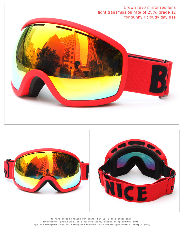 Be Nice SNOW-2704 Ski Goggles Anti-fog UV Protection Large Clear Vision Adjustable Band - Red REVO