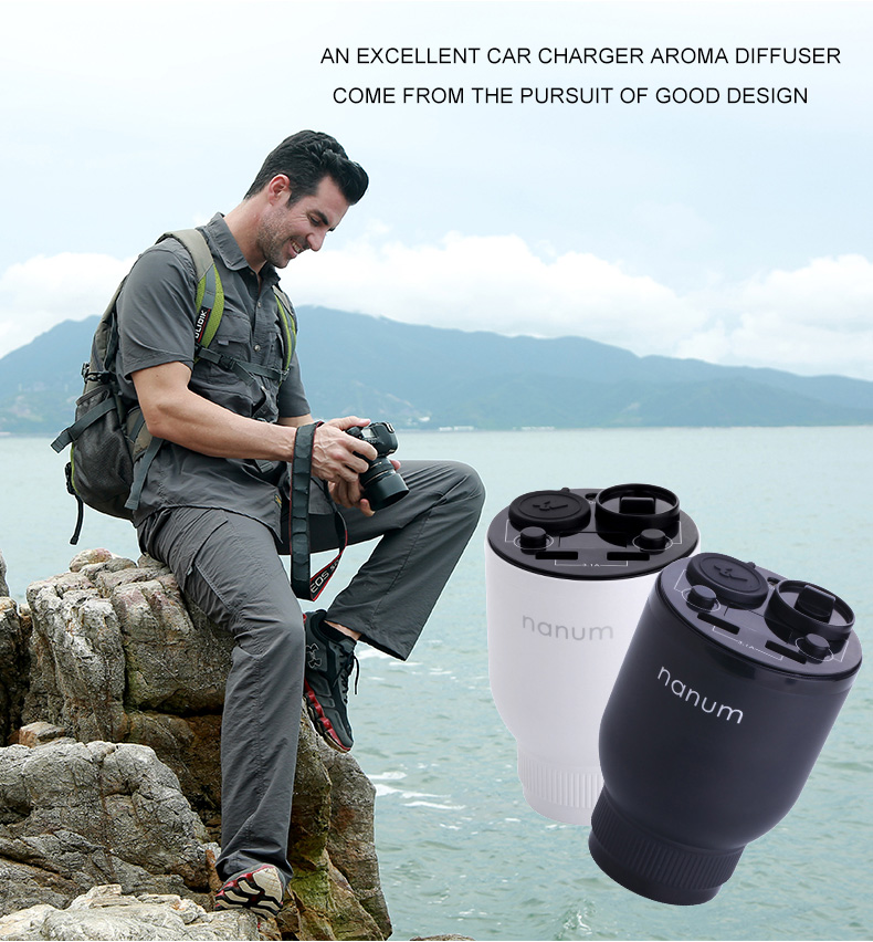 Nanum KXQ01 Car Charger Aroma Diffuser Cup Holder Car Cigarette Lighter Socket Car Air Purifier Dual USB Ports - Black