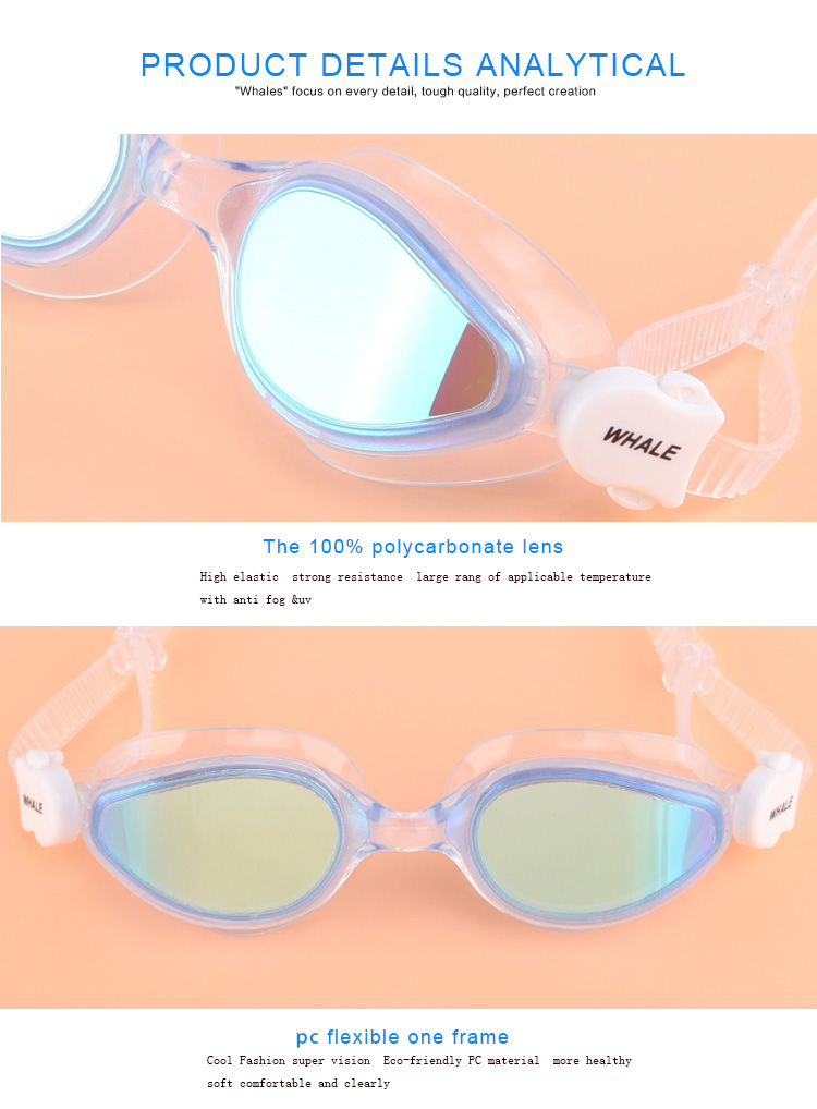 Whale Swimming Goggles Soft Durable Silicone Headstrap Mirror Coating Anti-fog UV Protection - Pink + White