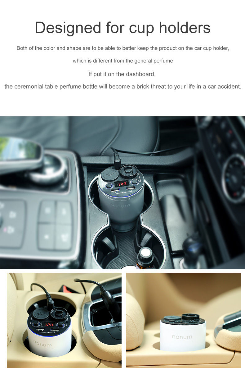 Nanum KXQ01 Car Charger Aroma Diffuser Cup Holder Car Cigarette Lighter Socket Car Air Purifier Dual USB Ports - Black