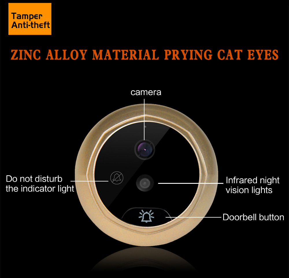 Danmini W5 Security Door Bell 2.4inch Digital Color Screen No Disturb Peephole Viewer 2MP Video Recorder -Gold