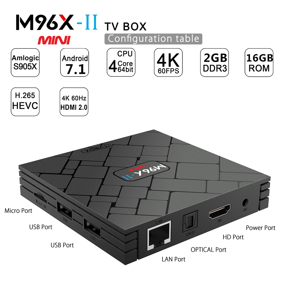 M96X-II MINI KODI 17.3 2GB/16GB Android 7.1 Amlogic S905X 4K TV BOX 802.11b/g/n LAN VP9 HDMI - Black