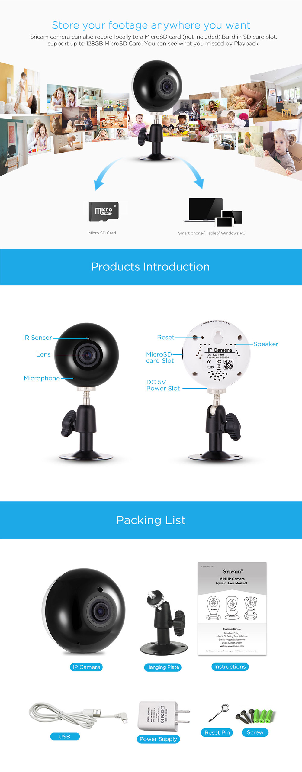 Sricam SP021 720P WiFi IP Camera H.264 ONVIF Pan/Tilt Control Night Vision P2P Motion Detection Security Camera -Black