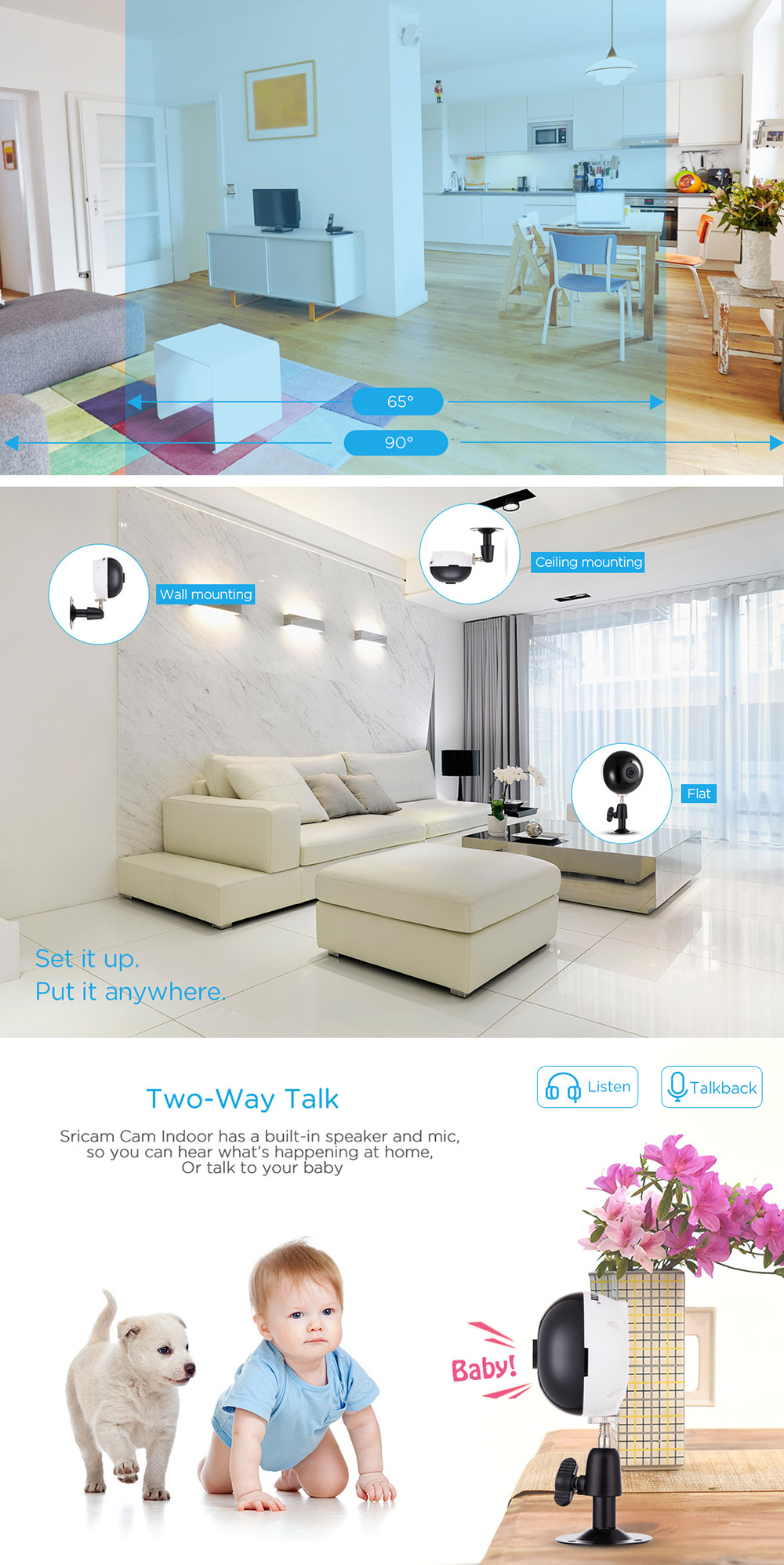 Sricam SP021 720P WiFi IP Camera H.264 ONVIF Pan/Tilt Control Night Vision P2P Motion Detection Security Camera -Black