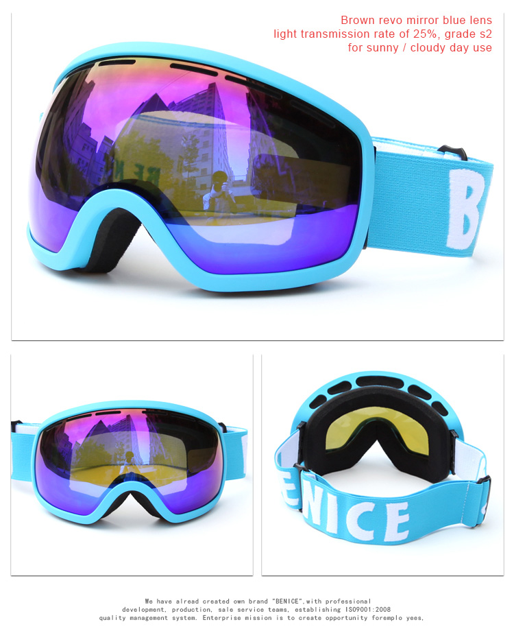 Be Nice SNOW-2704 Ski Goggles Anti-fog UV Protection Large Clear Vision Adjustable Band - Red REVO
