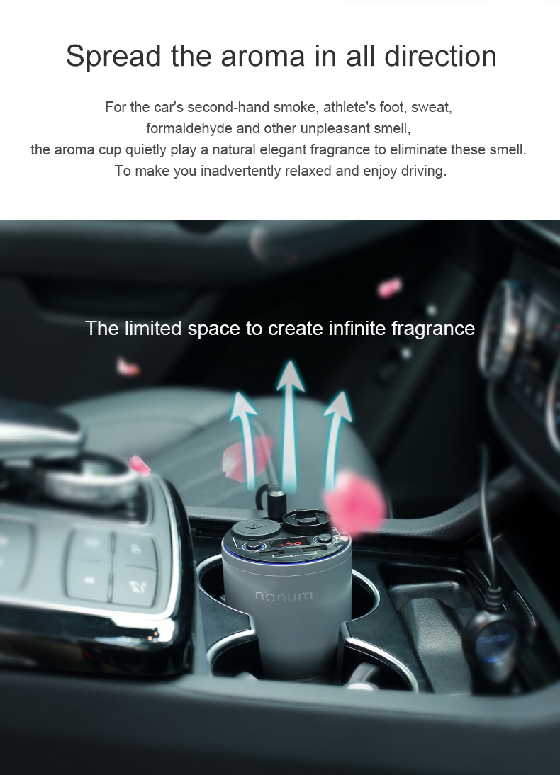 Nanum KXQ01 Car Charger Aroma Diffuser Cup Holder Car Cigarette Lighter Socket Car Air Purifier Dual USB Ports - Black