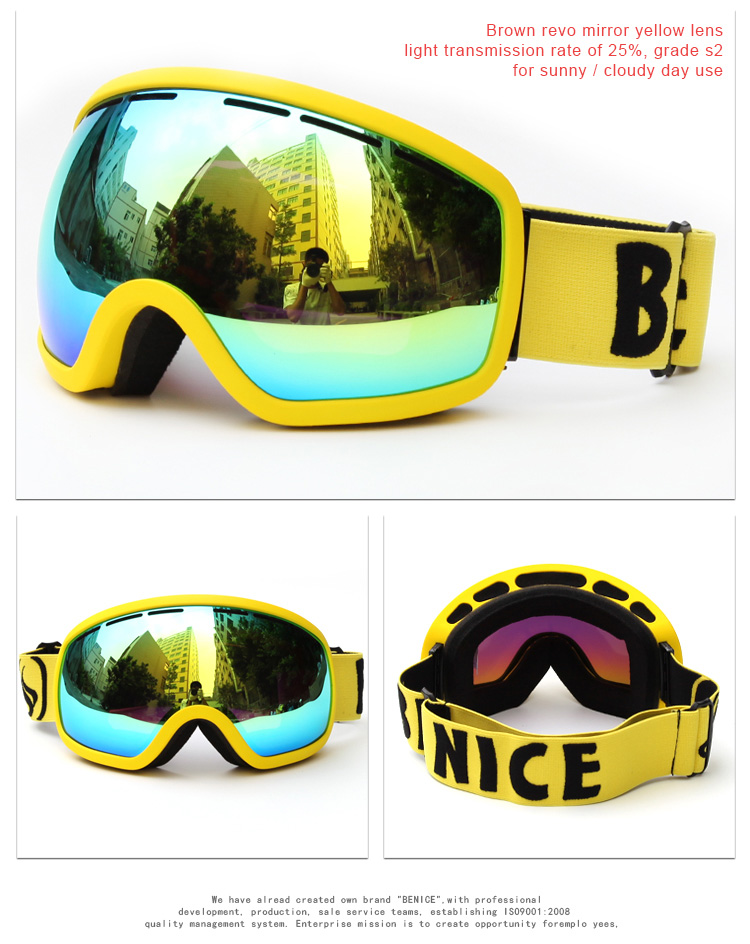 Be Nice SNOW-2704 Ski Goggles Anti-fog UV Protection Large Clear Vision Adjustable Band - Red REVO