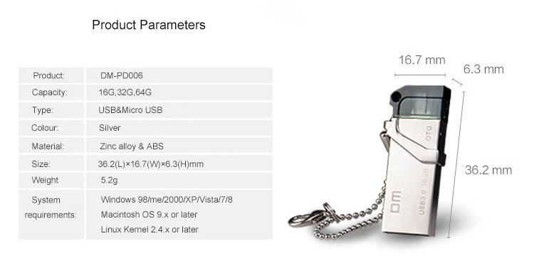 DM PD006 OTG USB 3.0 64GB USB Flash Drive Micro USB Portable Metal USB Stick - Silver