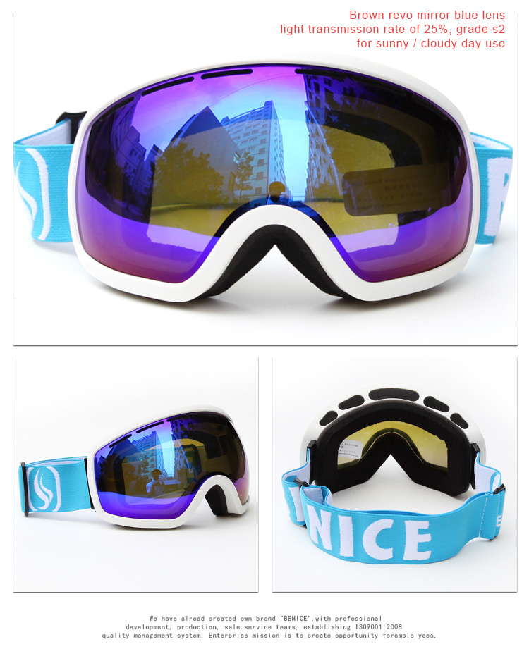 Be Nice SNOW-2704 Ski Goggles Anti-fog UV Protection Large Clear Vision Adjustable Band - Red REVO