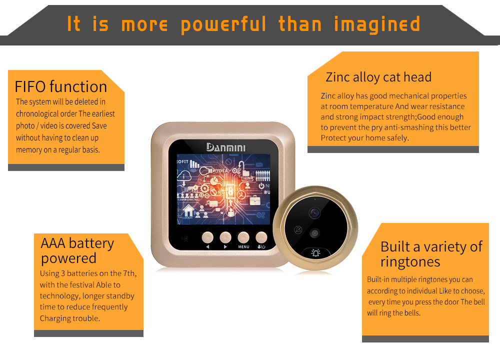 Danmini W5 Security Door Bell 2.4inch Digital Color Screen No Disturb Peephole Viewer 2MP Video Recorder -Gold