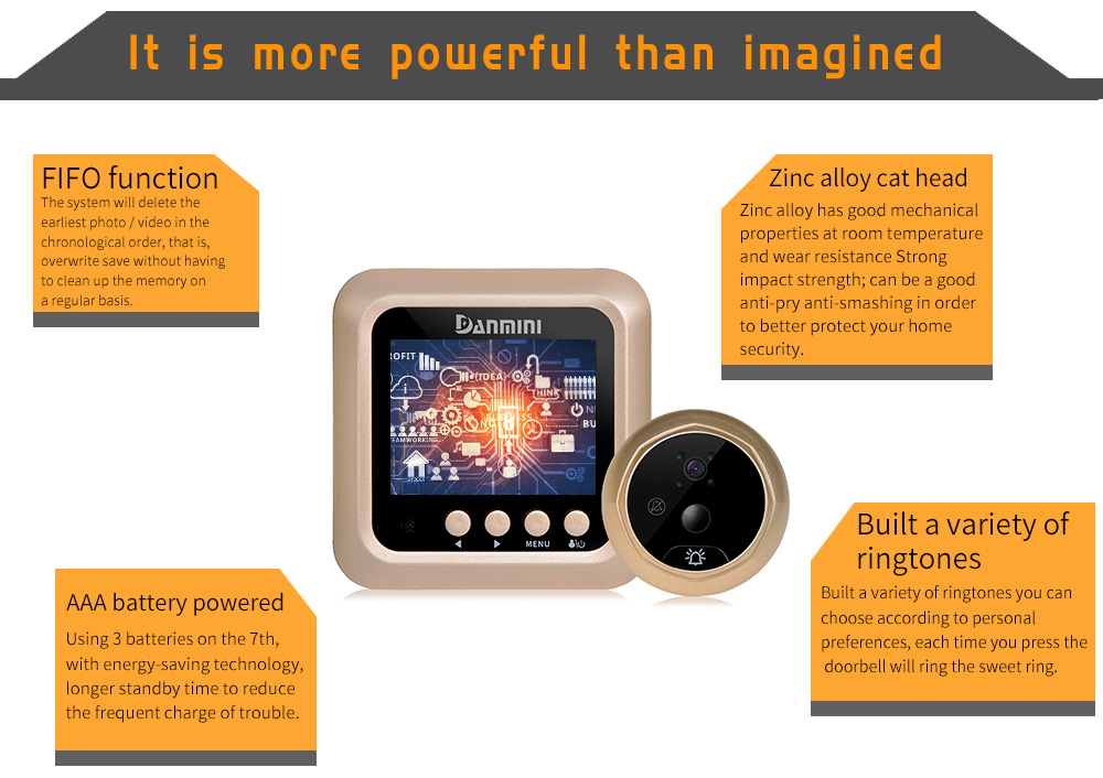 Danmini Q5 Security Door Bell 2.4inch Color Screen No Disturb Peephole Viewer PIR Motion Detection Video Recorder -Gold