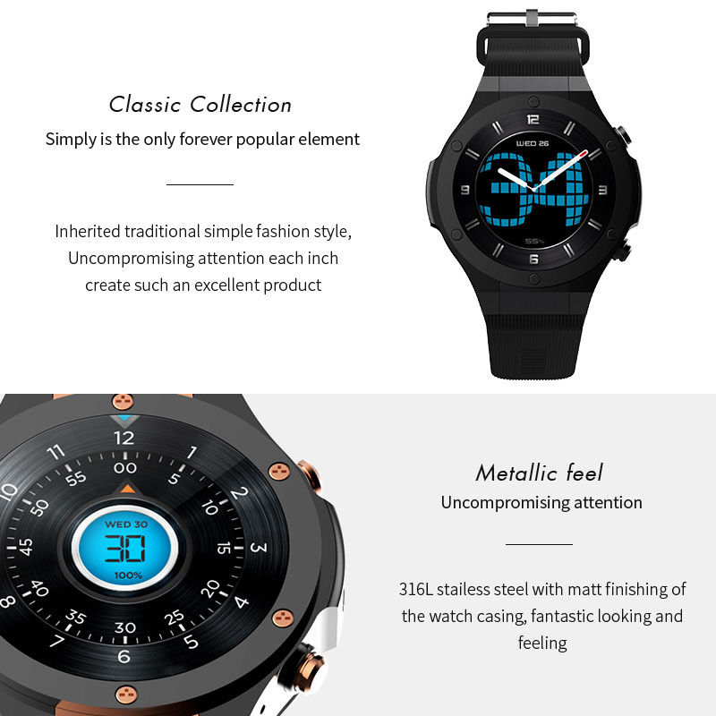 H2 Smart Watch MTK6580 IP68 Waterproof 1.40 inch 400*400 GPS Wifi 3G Heart Rate Monitor 16GB+1G for Android IOS - Black