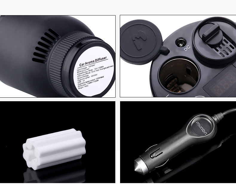 Nanum KXQ01 Car Charger Aroma Diffuser Cup Holder Car Cigarette Lighter Socket Car Air Purifier Dual USB Ports - Black