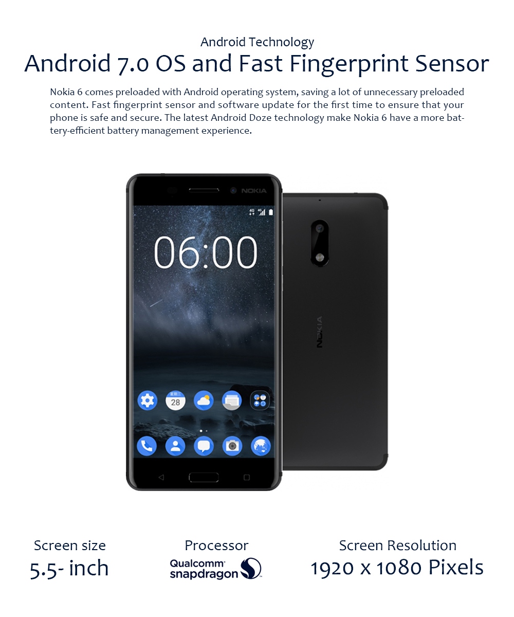 Nokia 6 5.5 Inch 4G LTE Smartphone 4GB RAM 64GB ROM Snapdragon 430 Octa Core 16.0MP + 8.0MP Cam Android 7.0 Touch ID Fast Charge - Silver