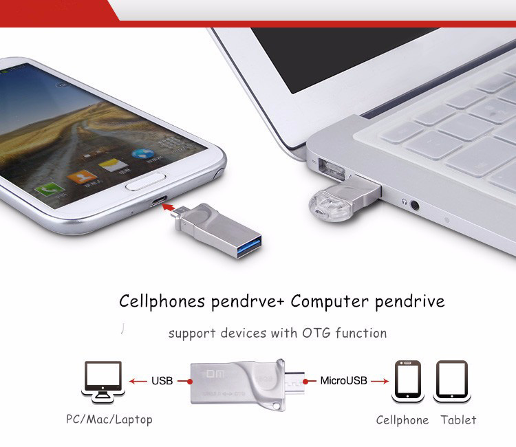DM PD017 OTG USB 3.0 32GB USB Flash Drive Smartphone Pen Drive Micro USB Portable Storage Memory Metal USB Stick -Silver
