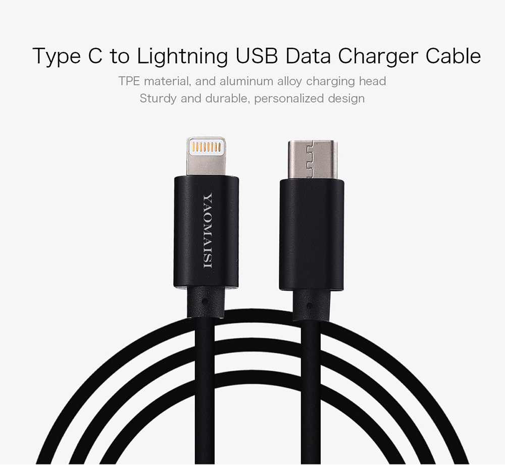 Yaomaisi USB Type-C to 8 pin 1m Data Charging Cable for iPhone X / iPhone 8 Plus / iPhone 8 / iPhone 7 Plus / iPhone 7/ iPad Air / iPad 4 - Black