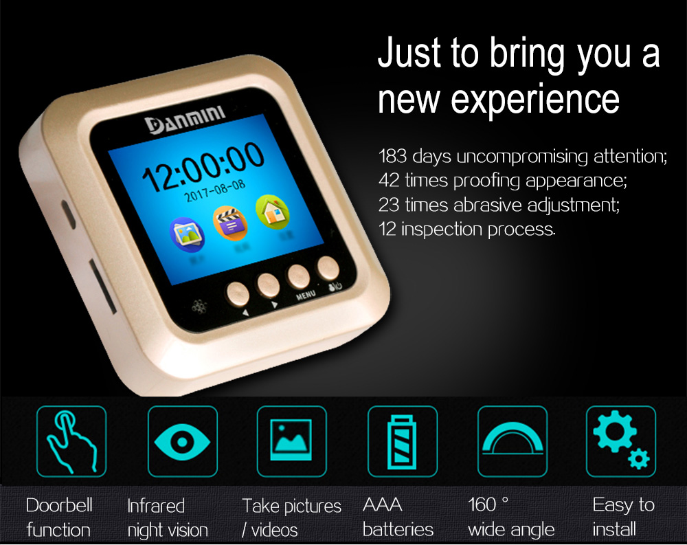 Danmini Q5 Security Door Bell 2.4inch Color Screen No Disturb Peephole Viewer PIR Motion Detection Video Recorder -Gold