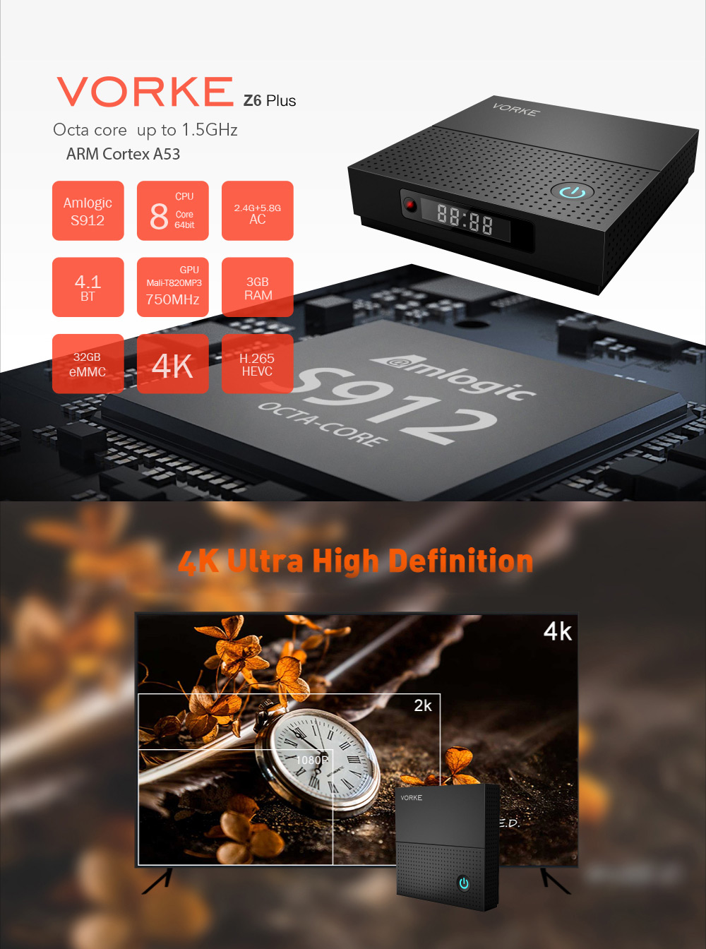 Bundle VORKE Z6 Plus KODI 17.4 Android 7.1.2 Amlogic S912 4K TV BOX 3GB/32GB AC WIFI 1000M LAN Bluetooth 4.1 + Tronsmart TSM01 EN Air Mouse