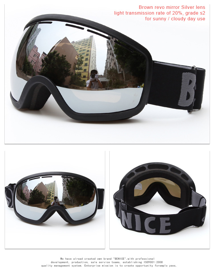 Be Nice SNOW-2704 Ski Goggles Anti-fog UV Protection Large Clear Vision Adjustable Band - Red REVO