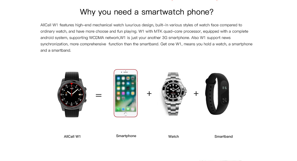 ALLCALL W1 3G Smartwatch Phone Android 5.1 MTK6580 Quad Core 1.3GHz 2GB RAM 16GB ROM GPS Bluetooth 4.0 - Tarnish