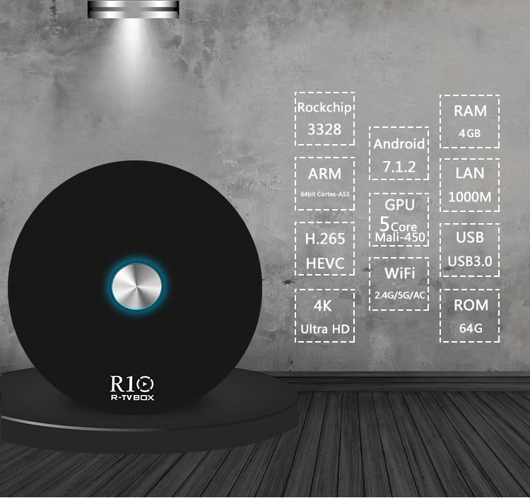 R-TV BOX R10 Android 7.1.2 4GB/64GB KODI 17.4 RK3328 4K TV BOX 802.11AC WIFI 1000M LAN VP9 HDMI Bluetooth USB3.0 - Black