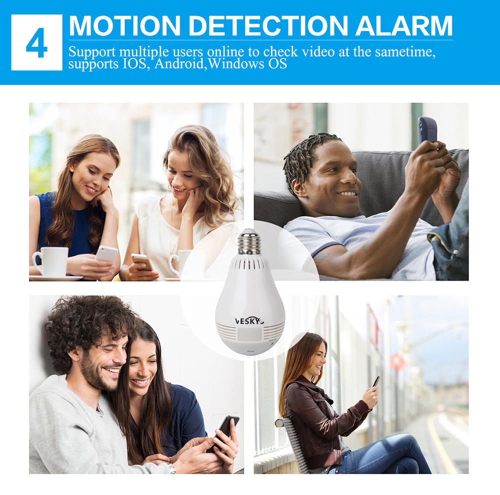 VESKYS Q3-130 960P WiFi IP Camera 360 Degree Fish Eye CMOS Sensor Night Vision Motion Detection Alarm Security Camera -White