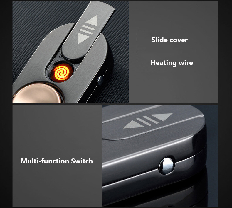 LED Fidget Spinner Cigarette Lighter Zinc Alloy USB Charge Stress Relief Focus Toy - Black