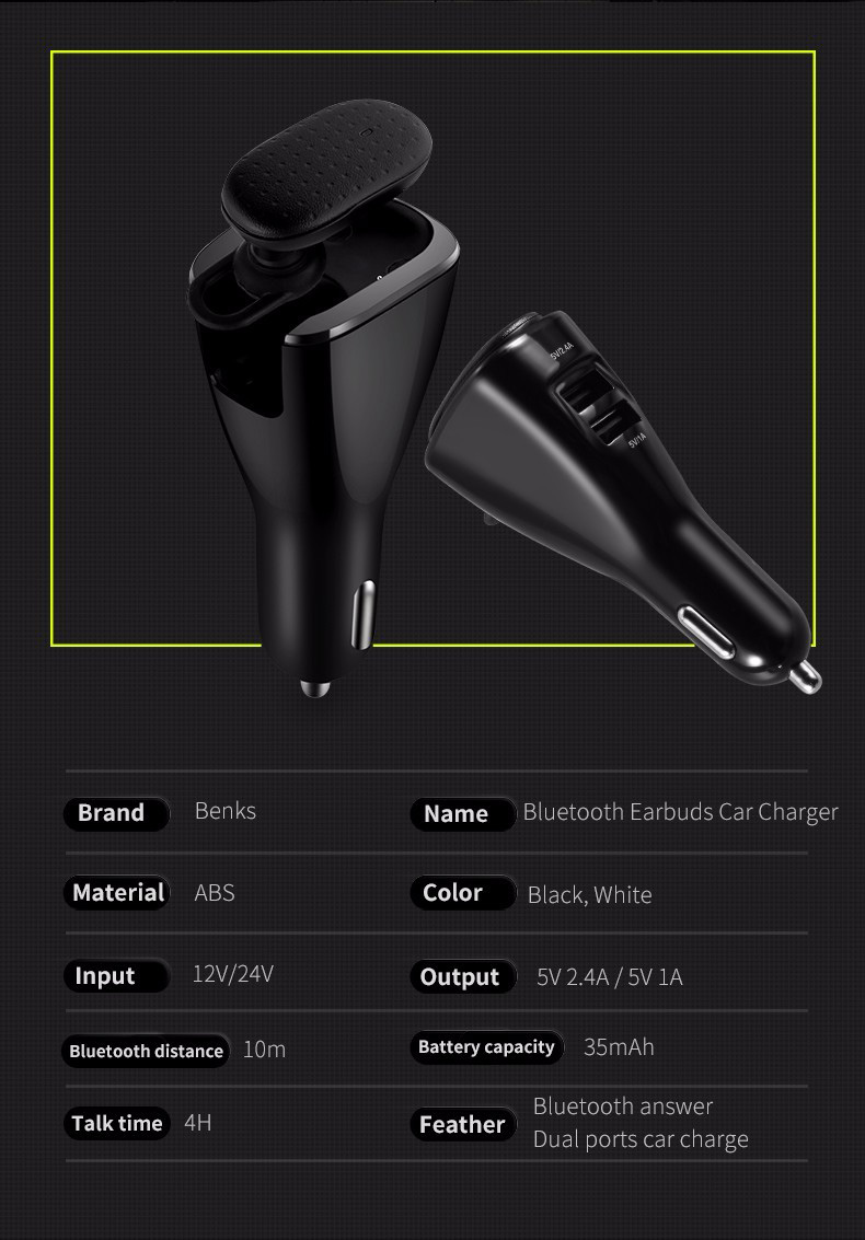 Benks 2 in 1 Car Charger Dual USB With Wireless Bluetooth 4.1 Earphone Headphone 5V 2.4A Fast Charging Car Adapter - Black
