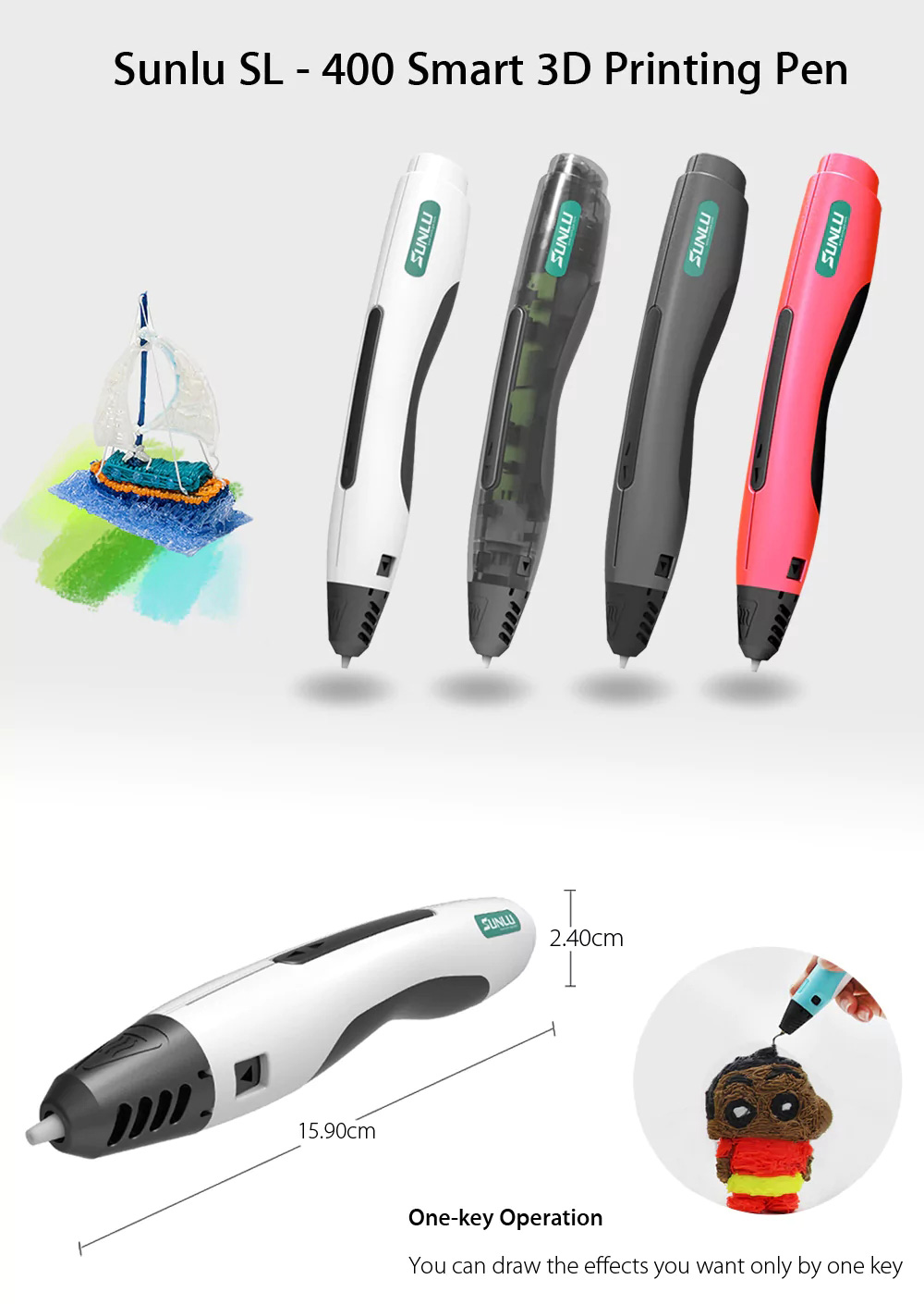 SUNLU SL-400 Gen.4 Intelligent Temperature Sensing 3D Printer Pen 100-240V One Button Operation - White