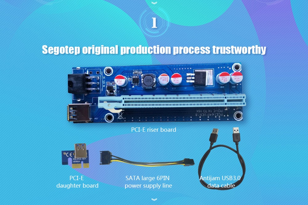Segotep PCI-E 6-pin Extender Riser Card Adapter 16x to 1x USB 3.0 Data Cable For Bitcoin Mining - Blue