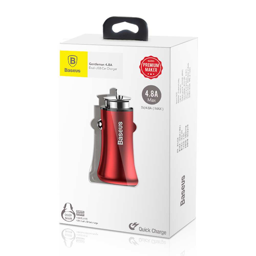 Baseus CCAL-GB09 Car Charger Dual USB Ports 5V 4.8A Metal Safe Charging Widely Compatible - Red