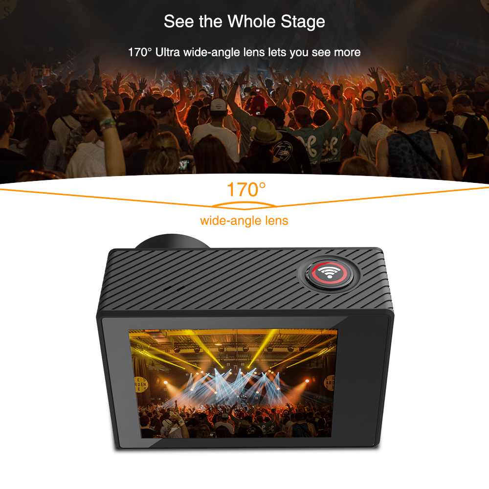 Vikcam V50 iCatch V50 Panasonic 34112 2.0 Inch LCD Action Camera 4K 30FPS Wifi Dual Screens 170 Degree Wide Angle 1050mAh - Black