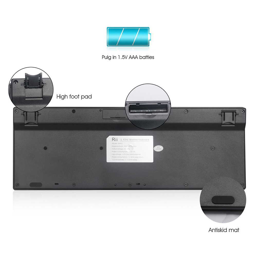 Rii RK901 Wireless Keyboard 2.4G Ultra-thin Compact With Nano Receiver For Smart TV Laptop PC 104 Keys - Black