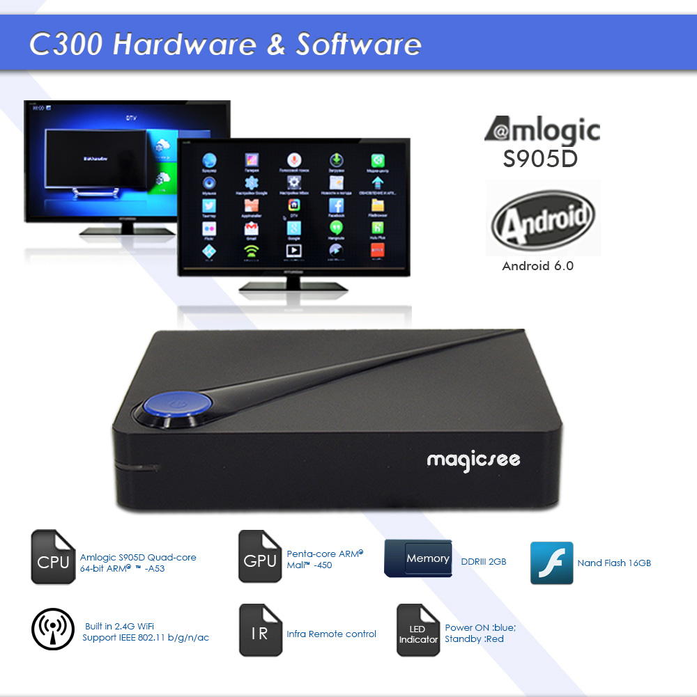 Magicsee C300 DVB-T2/S2 DVB-C Android 7.1 Amlogic S905D 2GB/16GB TV BOX 802.11AC WIFI LAN KODI Bluetooth